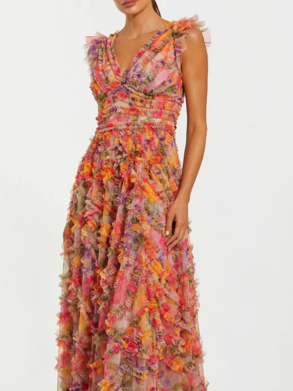 Mac Duggal Pink Orange Yellow Purple Ruffled V-Neck Maxi Dress